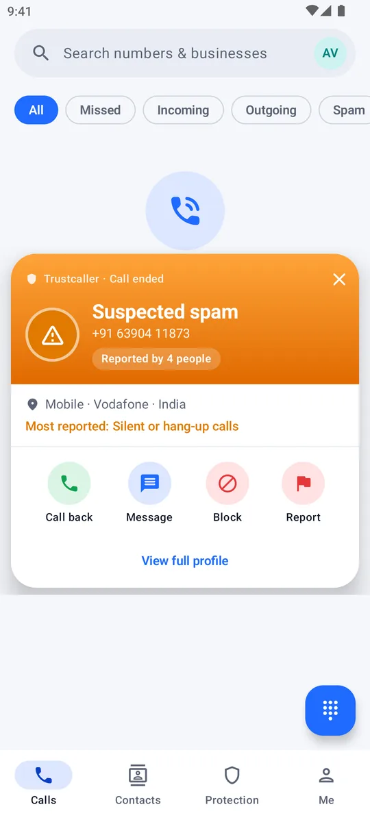 After-call card with call back, message, block and report actions