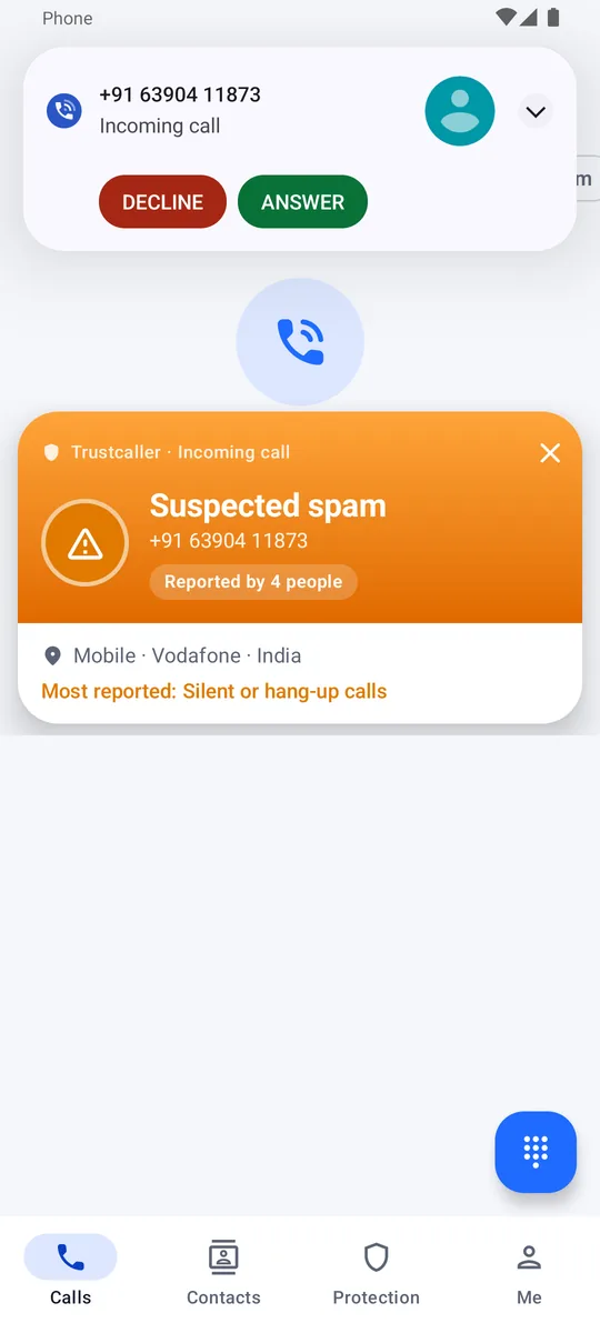 Caller ID popup warning about a suspected spam call
